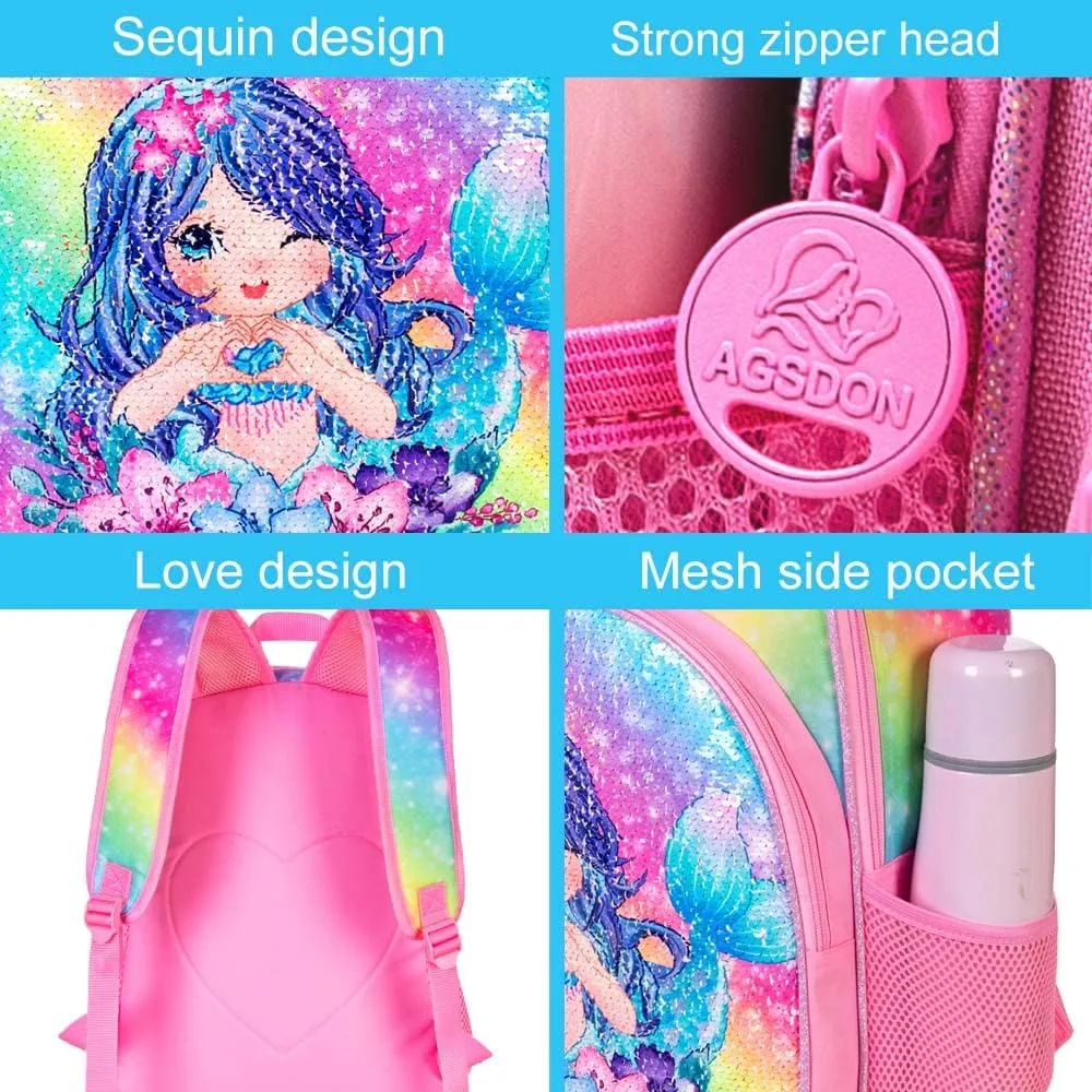 CCJPX 3PCS Girls Preschool Backpack, 16” Mermaid Sequin Bookbag and Lunch Box for Kindergarten Elementary