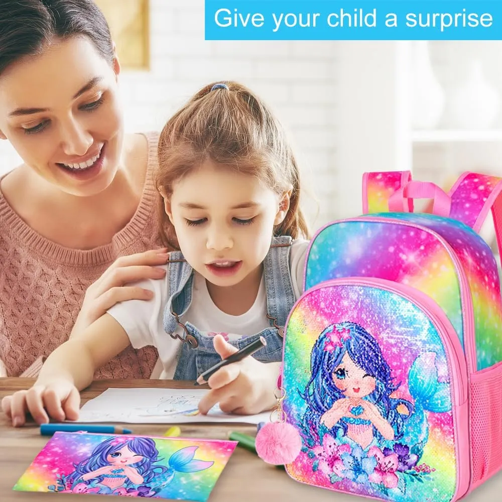 CCJPX 3PCS Girls Preschool Backpack, 16” Mermaid Sequin Bookbag and Lunch Box for Kindergarten Elementary