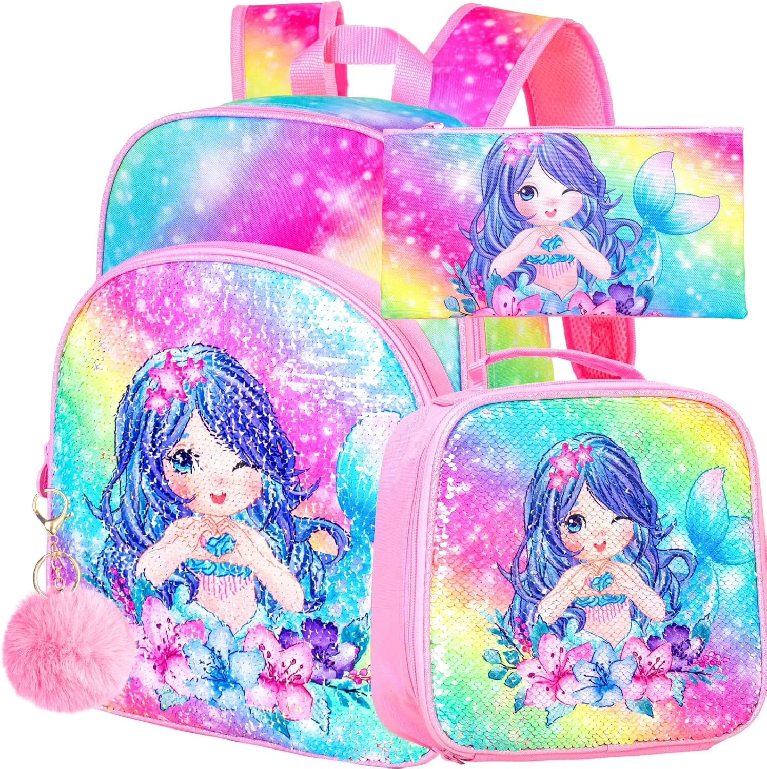 CCJPX 3PCS Girls Preschool Backpack, 16” Mermaid Sequin Bookbag and Lunch Box for Kindergarten Elementary