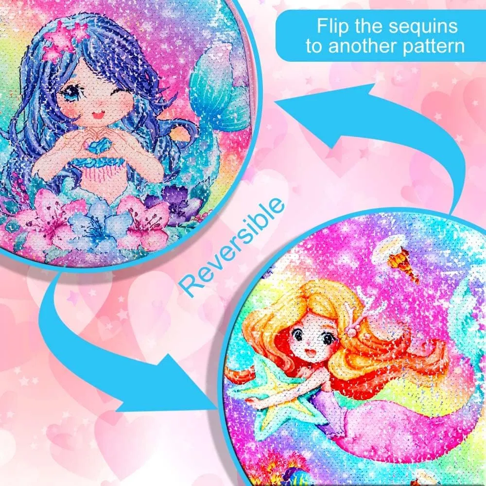 CCJPX 3PCS Girls Preschool Backpack, 16” Mermaid Sequin Bookbag and Lunch Box for Kindergarten Elementary