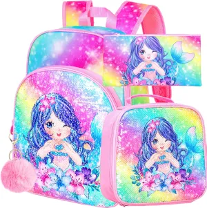 CCJPX 3PCS Girls Preschool Backpack, 16” Mermaid Sequin Bookbag and Lunch Box for Kindergarten Elementary