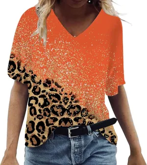 Ceboyel Womens Leopard Print Summer Blouse V Neck Tunic T Shirts Short Sleeve Casual Loose Tee Tops Flowy Ladies Outfits 2023