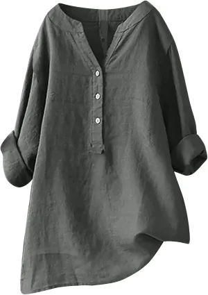 Ceboyel Womens Linen Tops 3/4 Sleeve Summer Blouse Solid Button Down Henley Shirts Tunic Boho Causal Ladies Outfits 2023