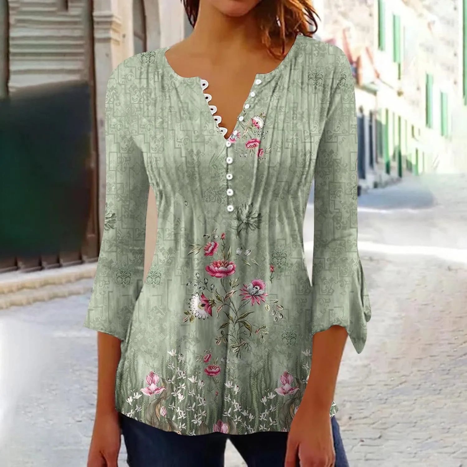 Ceboyel Womens Summer Tops 2023 Floral Button Down Tunic Shirts 3/4 Sleeve Tops Blouse Trendy Dressy Casual Ladies Clothes