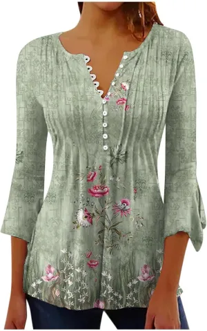 Ceboyel Womens Summer Tops 2023 Floral Button Down Tunic Shirts 3/4 Sleeve Tops Blouse Trendy Dressy Casual Ladies Clothes