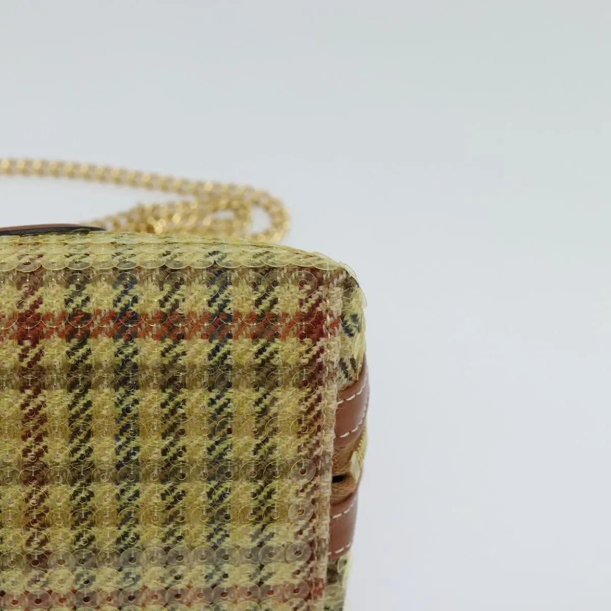 CELINE Sequin Chain Shoulder Bag Canvas Beige Auth 107500A