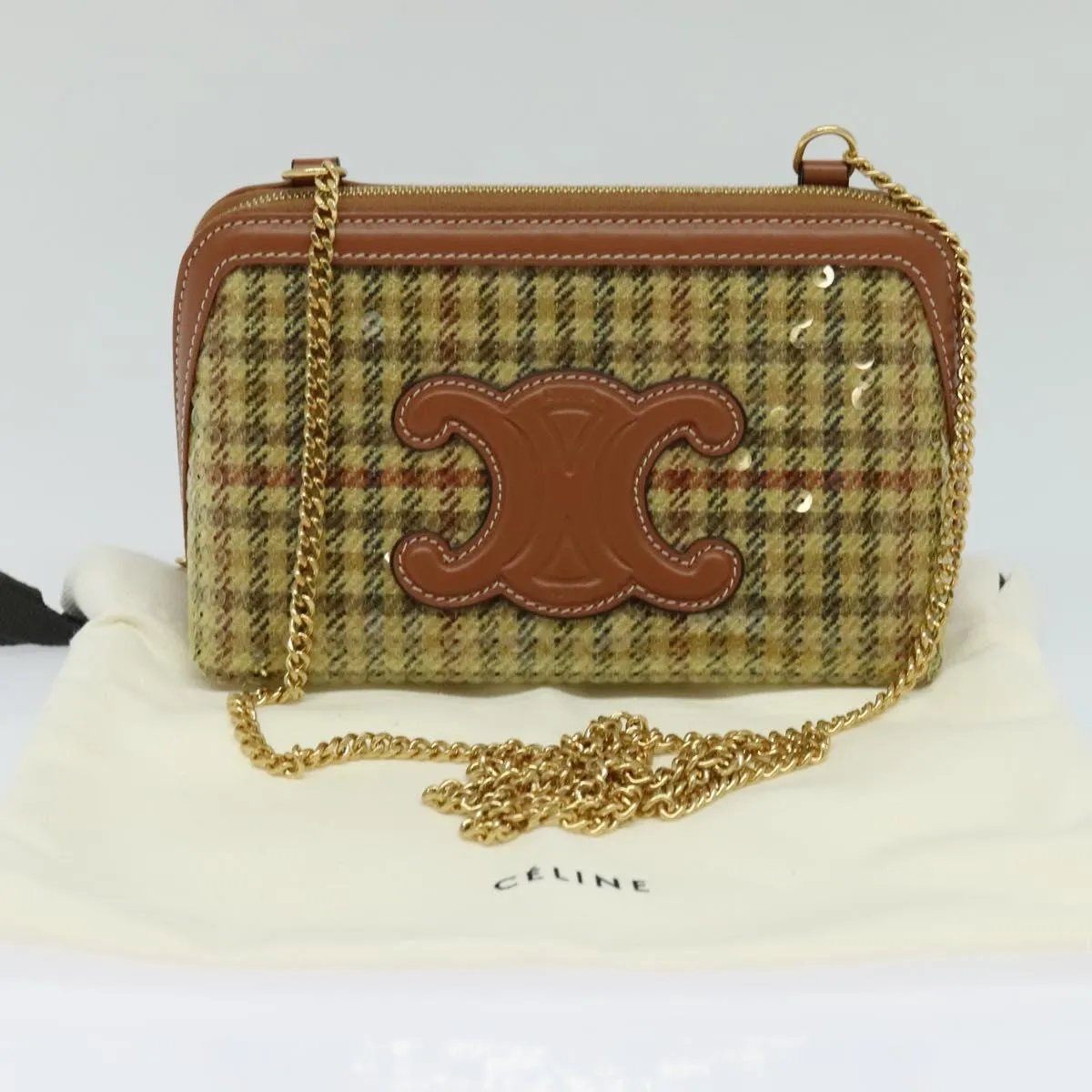 CELINE Sequin Chain Shoulder Bag Canvas Beige Auth 107500A
