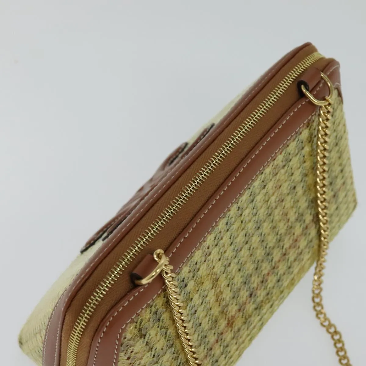 CELINE Sequin Chain Shoulder Bag Canvas Beige Auth 107500A