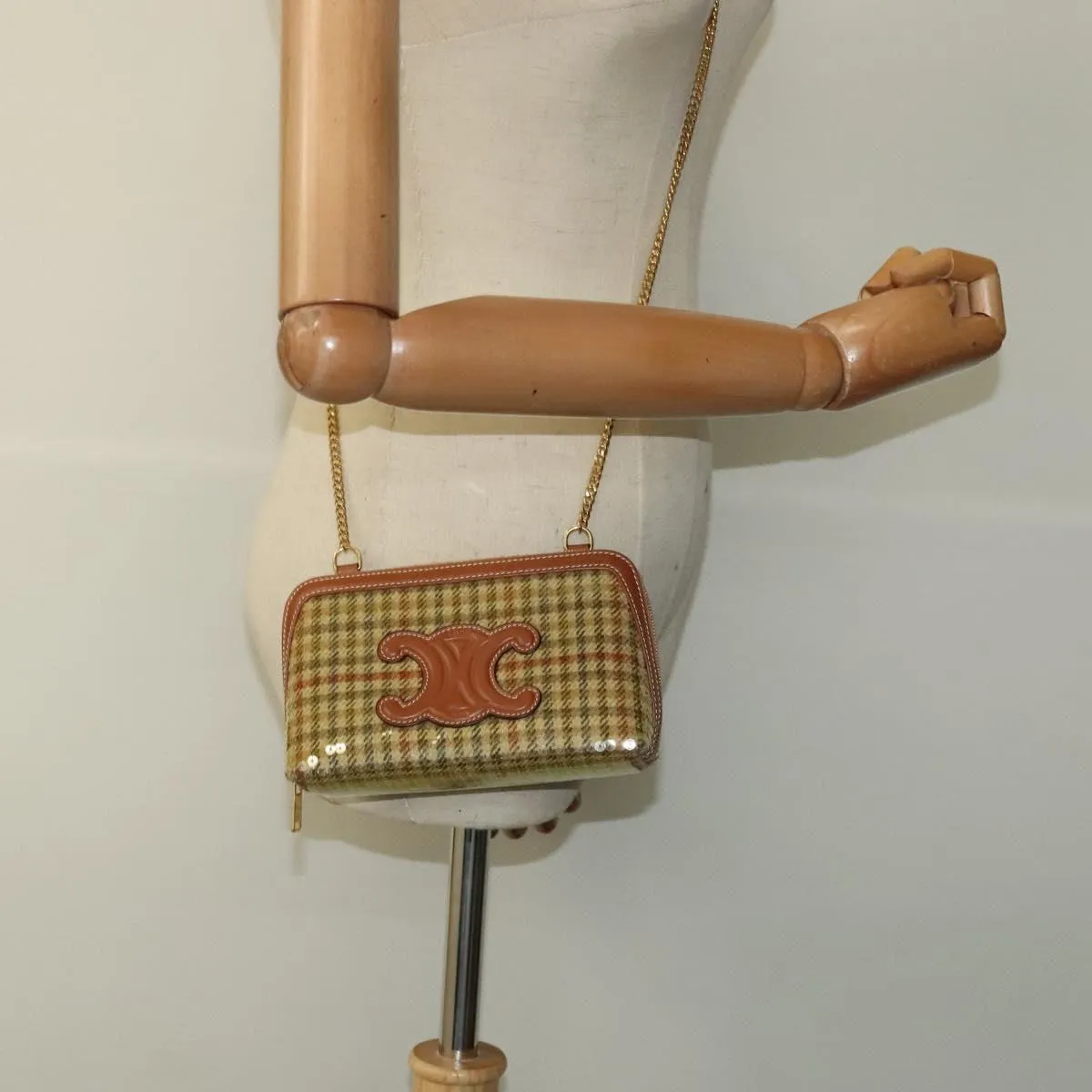 CELINE Sequin Chain Shoulder Bag Canvas Beige Auth 107500A