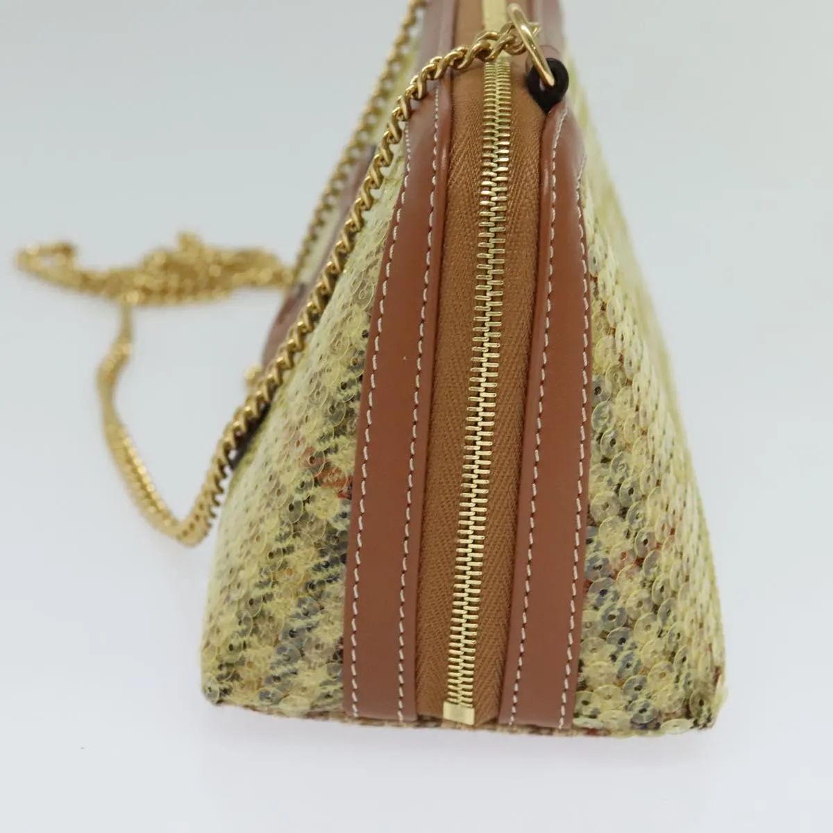 CELINE Sequin Chain Shoulder Bag Canvas Beige Auth 107500A