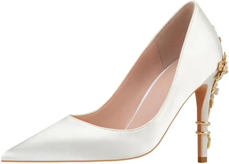 ChaiRong Zhou Women's Sexy High Heels Fashion Metal Flower Stiletto Heel Wedding Shoes Satin Pointed Toe Dress Evening Pumps