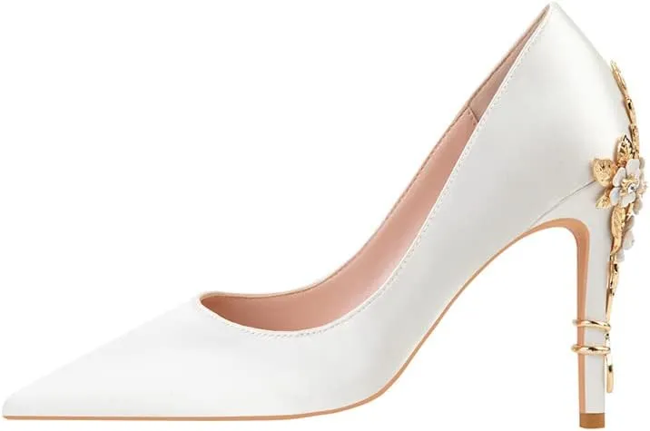 ChaiRong Zhou Women's Sexy High Heels Fashion Metal Flower Stiletto Heel Wedding Shoes Satin Pointed Toe Dress Evening Pumps