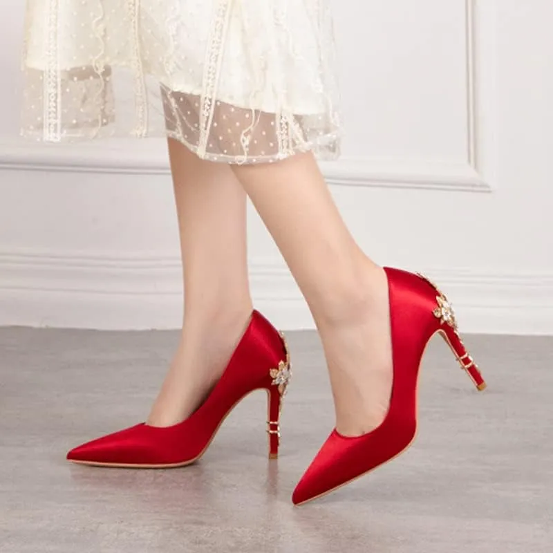 ChaiRong Zhou Women's Sexy High Heels Fashion Metal Flower Stiletto Heel Wedding Shoes Satin Pointed Toe Dress Evening Pumps