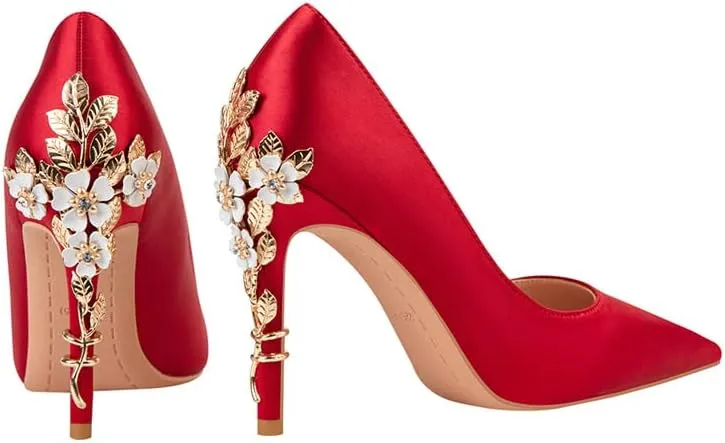 ChaiRong Zhou Women's Sexy High Heels Fashion Metal Flower Stiletto Heel Wedding Shoes Satin Pointed Toe Dress Evening Pumps