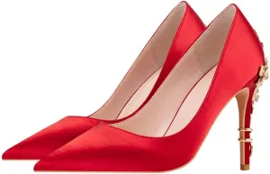 ChaiRong Zhou Women's Sexy High Heels Fashion Metal Flower Stiletto Heel Wedding Shoes Satin Pointed Toe Dress Evening Pumps