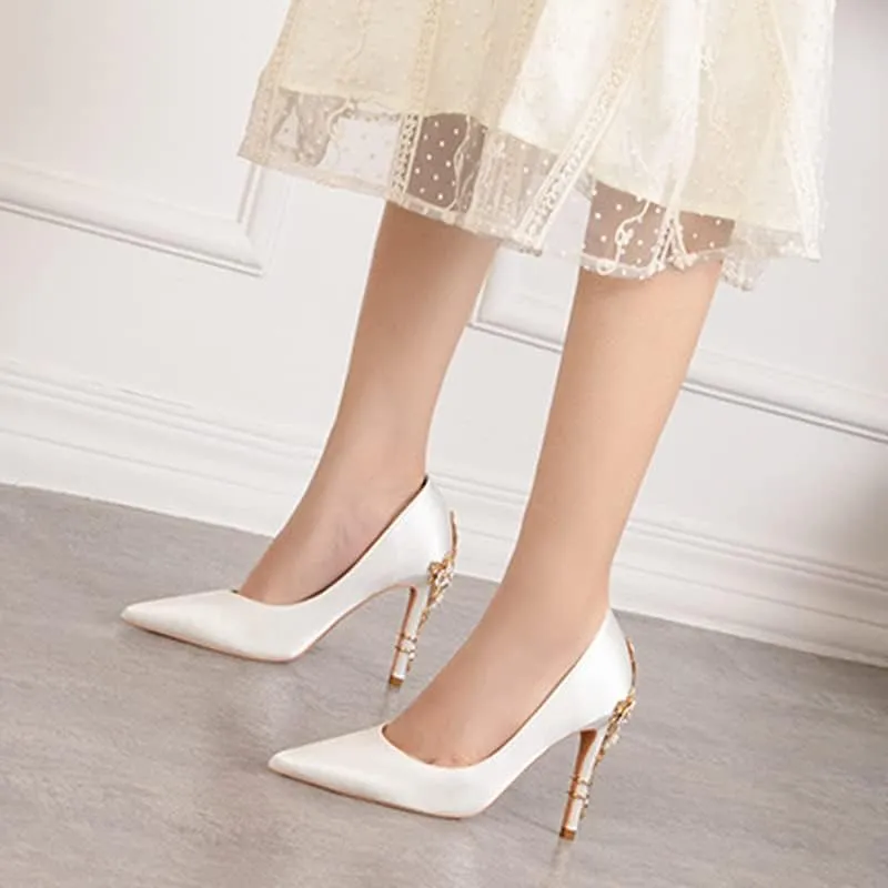 ChaiRong Zhou Women's Sexy High Heels Fashion Metal Flower Stiletto Heel Wedding Shoes Satin Pointed Toe Dress Evening Pumps
