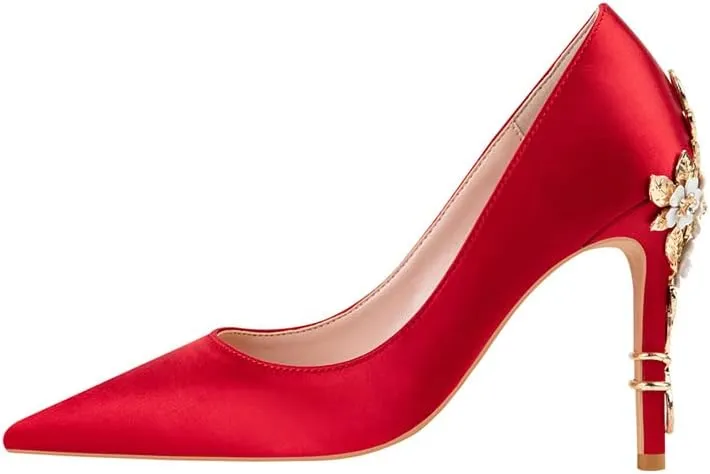 ChaiRong Zhou Women's Sexy High Heels Fashion Metal Flower Stiletto Heel Wedding Shoes Satin Pointed Toe Dress Evening Pumps