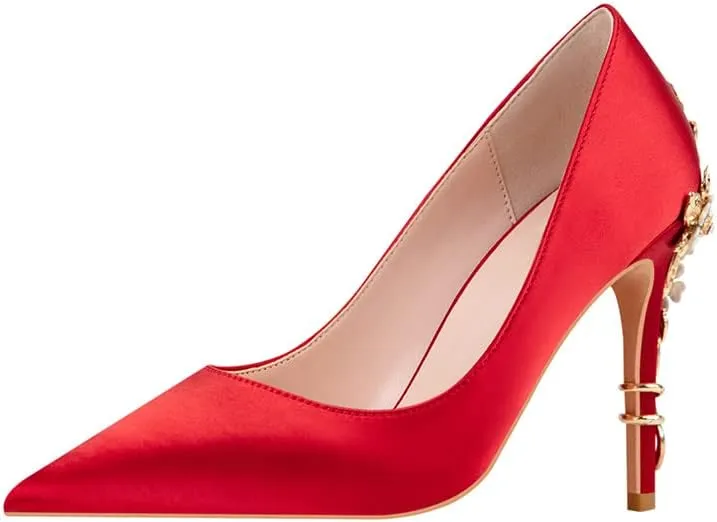 ChaiRong Zhou Women's Sexy High Heels Fashion Metal Flower Stiletto Heel Wedding Shoes Satin Pointed Toe Dress Evening Pumps