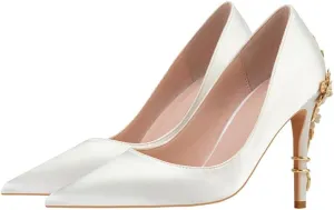 ChaiRong Zhou Women's Sexy High Heels Fashion Metal Flower Stiletto Heel Wedding Shoes Satin Pointed Toe Dress Evening Pumps