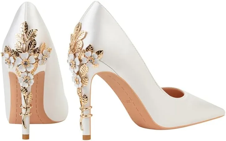 ChaiRong Zhou Women's Sexy High Heels Fashion Metal Flower Stiletto Heel Wedding Shoes Satin Pointed Toe Dress Evening Pumps