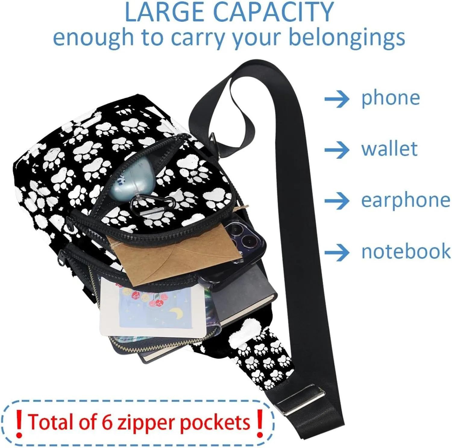 chalk dog paw print Sling Bag, Crossbody Sling Backpack Travel Hiking Chest Bag Daypack for Purses Shoulder Bag Women Men's