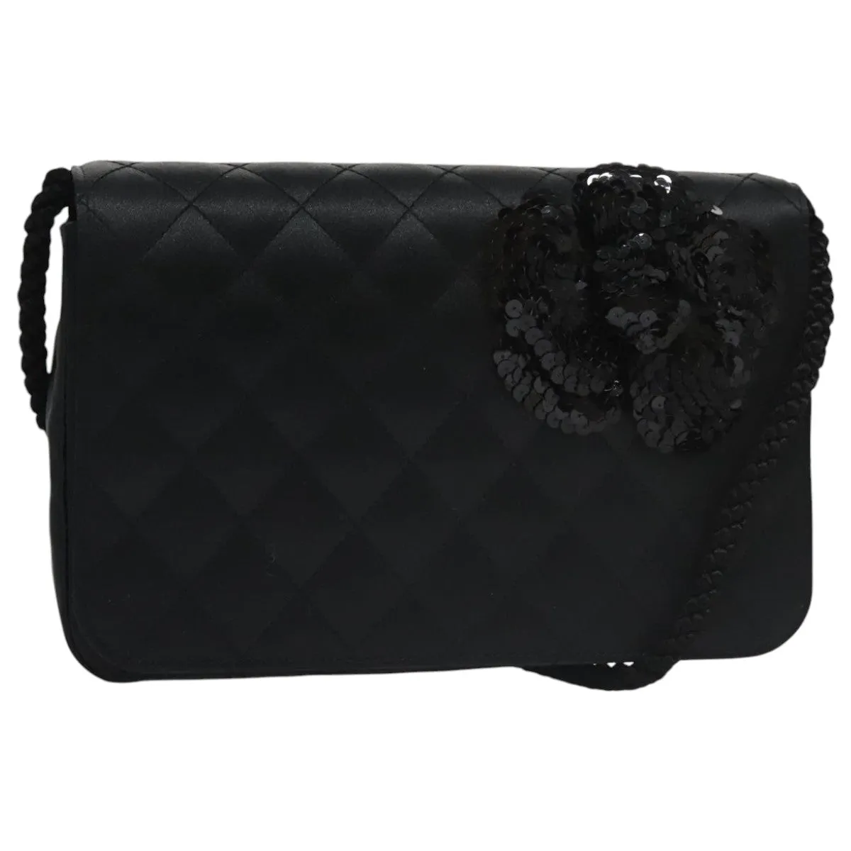 CHANEL Matelasse Sequin Flower Shoulder Bag Satin Black CC 99855