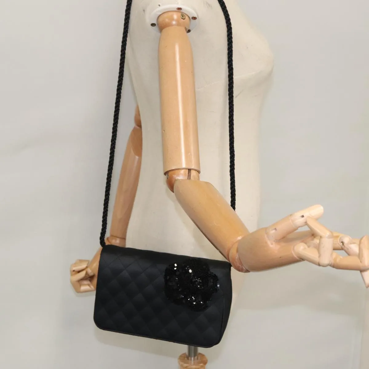 CHANEL Matelasse Sequin Flower Shoulder Bag Satin Black CC 99855