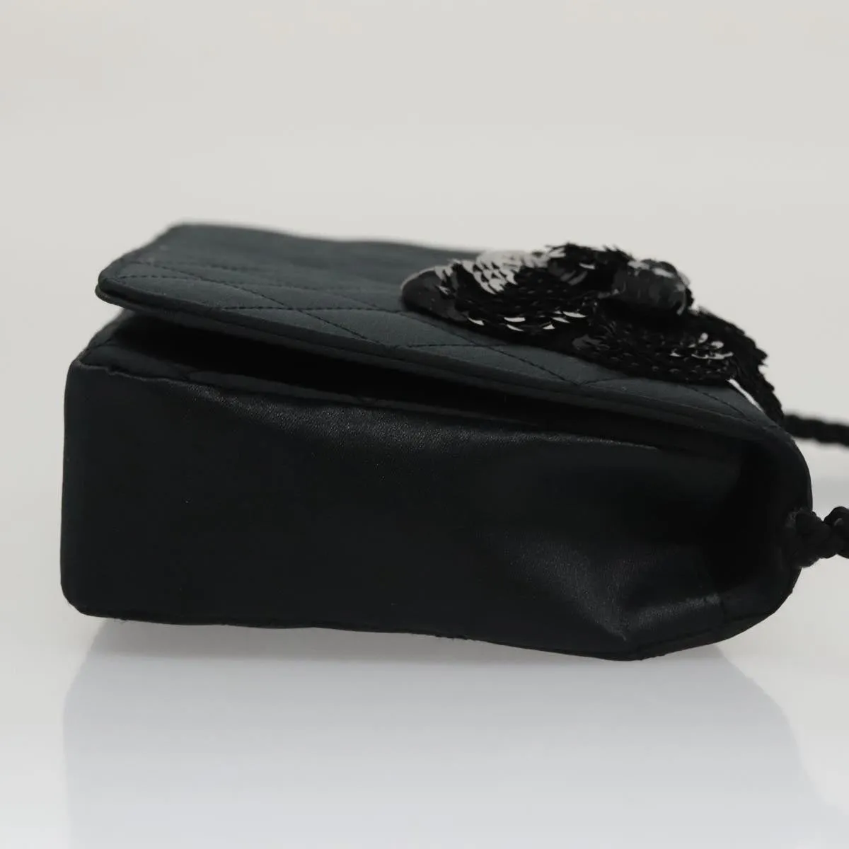 CHANEL Matelasse Sequin Flower Shoulder Bag Satin Black CC 99855