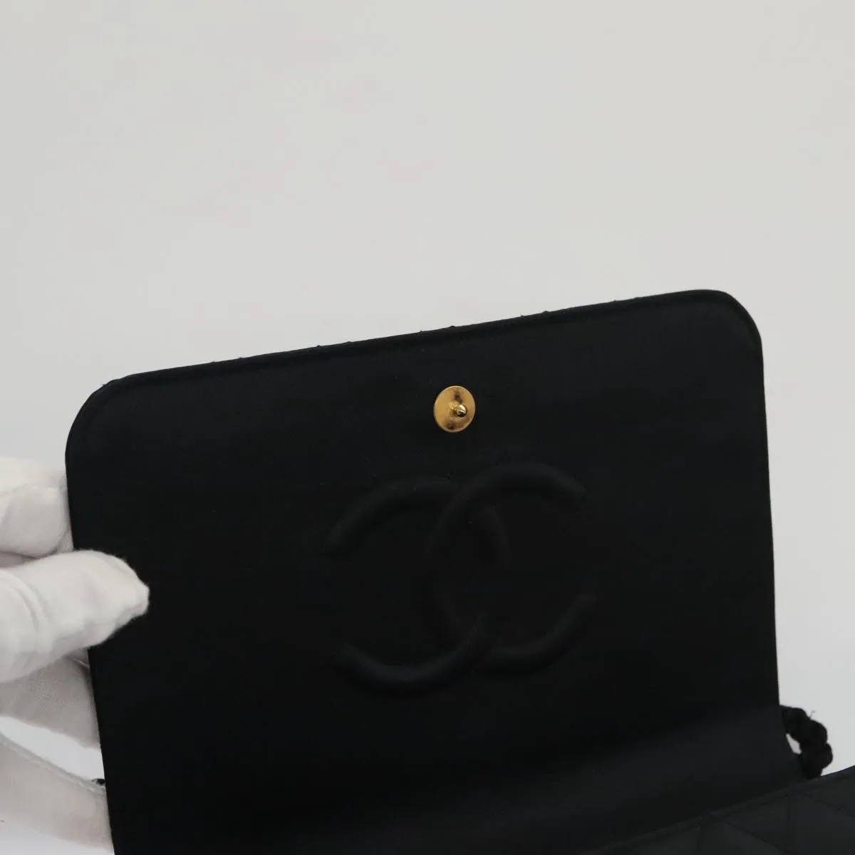 CHANEL Matelasse Sequin Flower Shoulder Bag Satin Black CC 99855