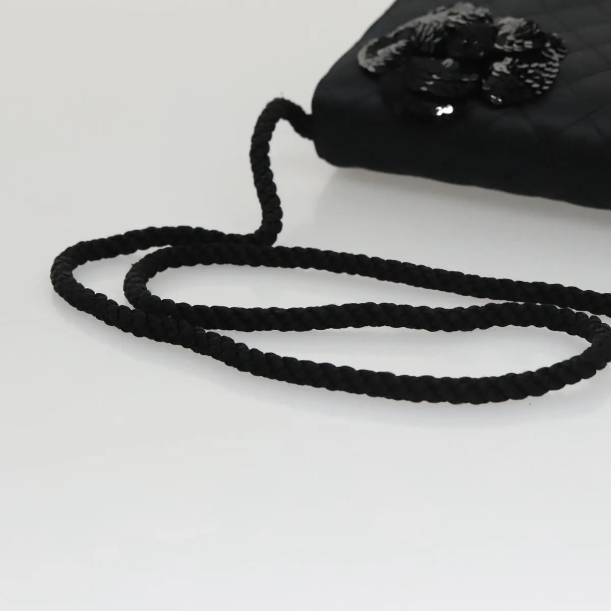 CHANEL Matelasse Sequin Flower Shoulder Bag Satin Black CC 99855
