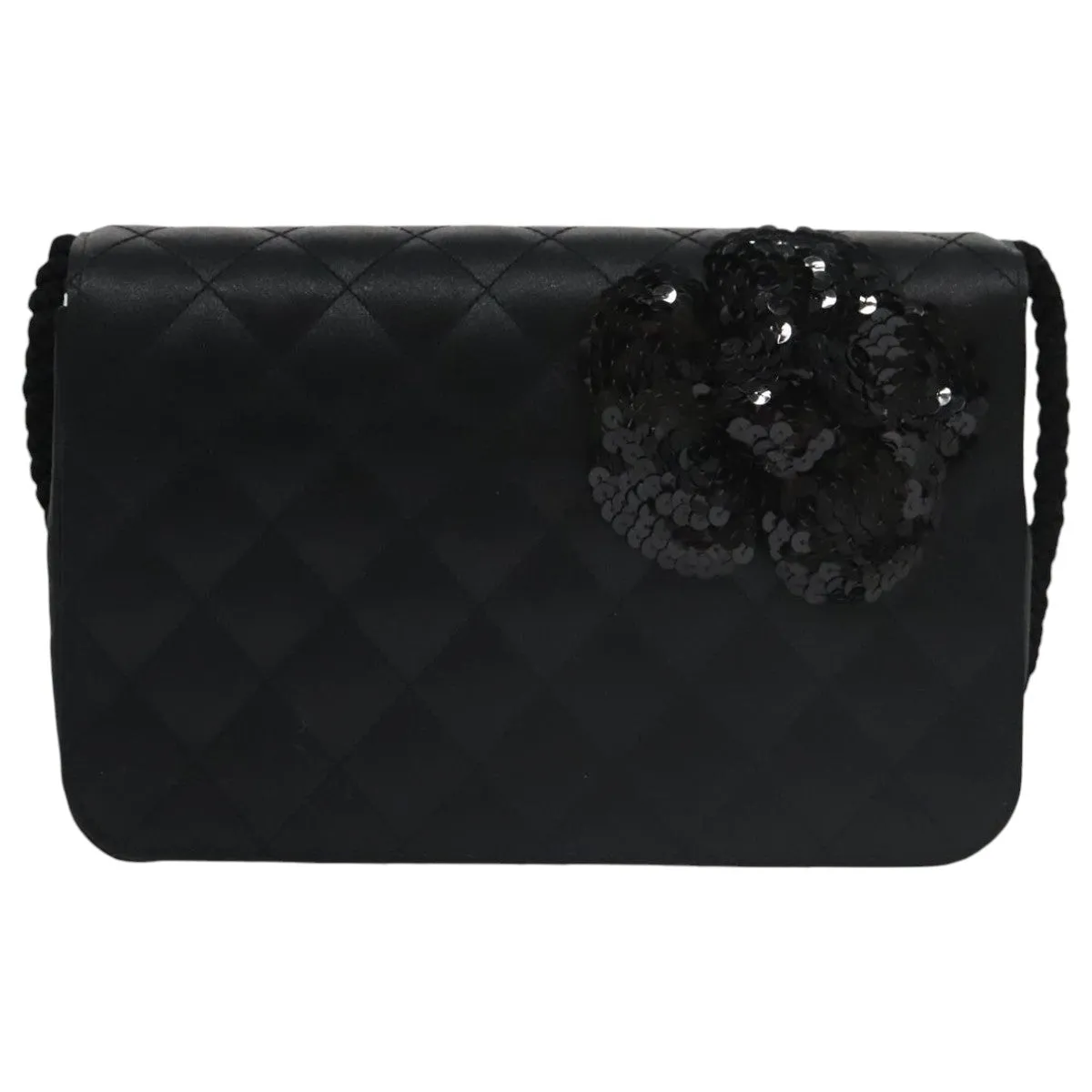 CHANEL Matelasse Sequin Flower Shoulder Bag Satin Black CC 99855