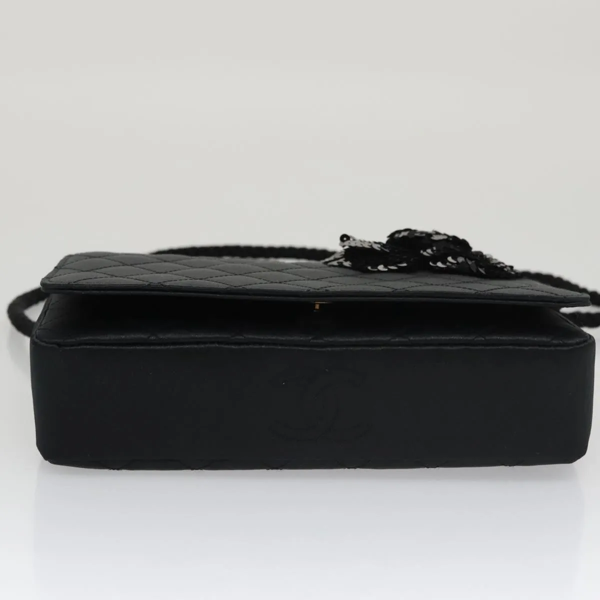 CHANEL Matelasse Sequin Flower Shoulder Bag Satin Black CC 99855