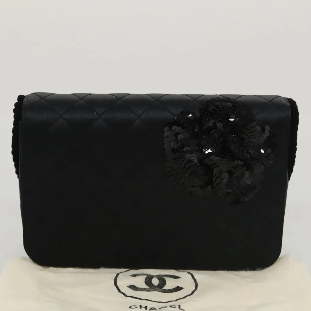 CHANEL Matelasse Sequin Flower Shoulder Bag Satin Black CC 99855
