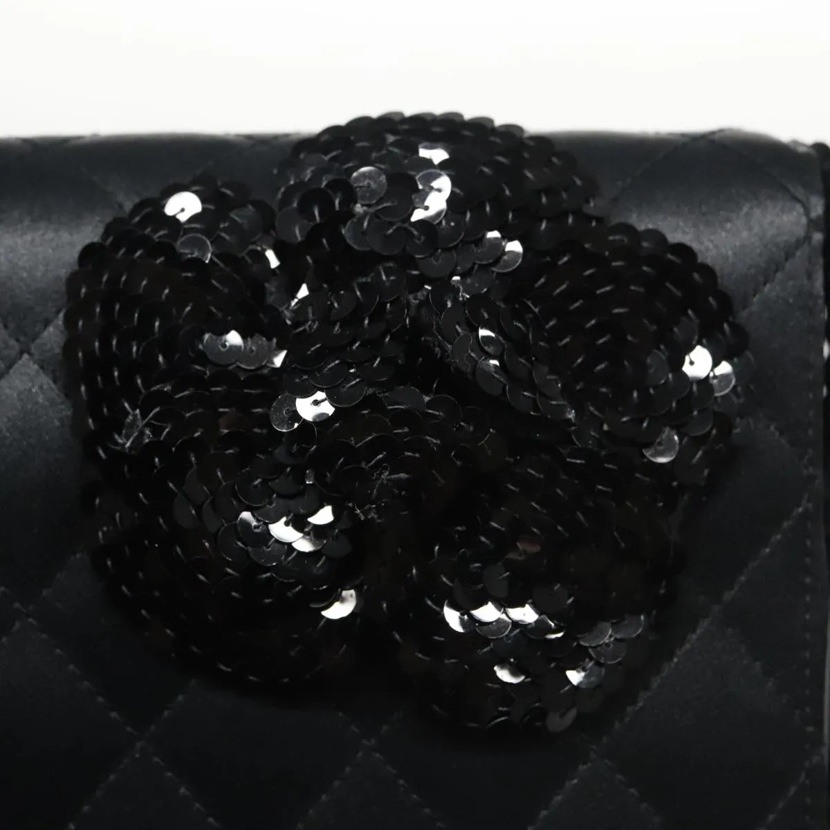 CHANEL Matelasse Sequin Flower Shoulder Bag Satin Black CC 99855