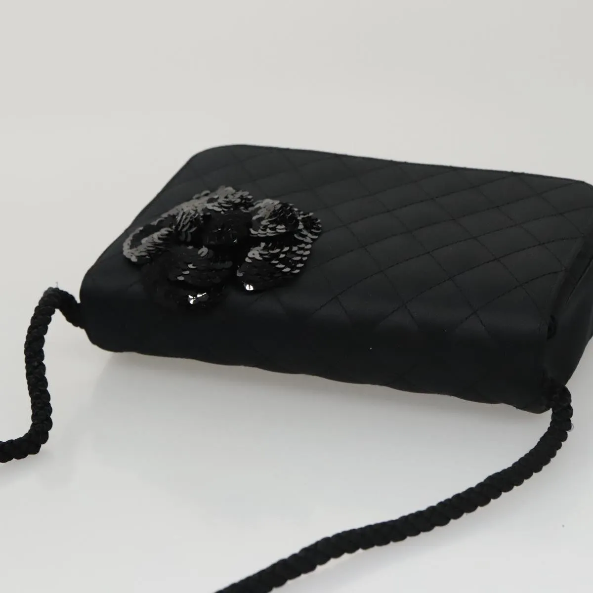CHANEL Matelasse Sequin Flower Shoulder Bag Satin Black CC 99855