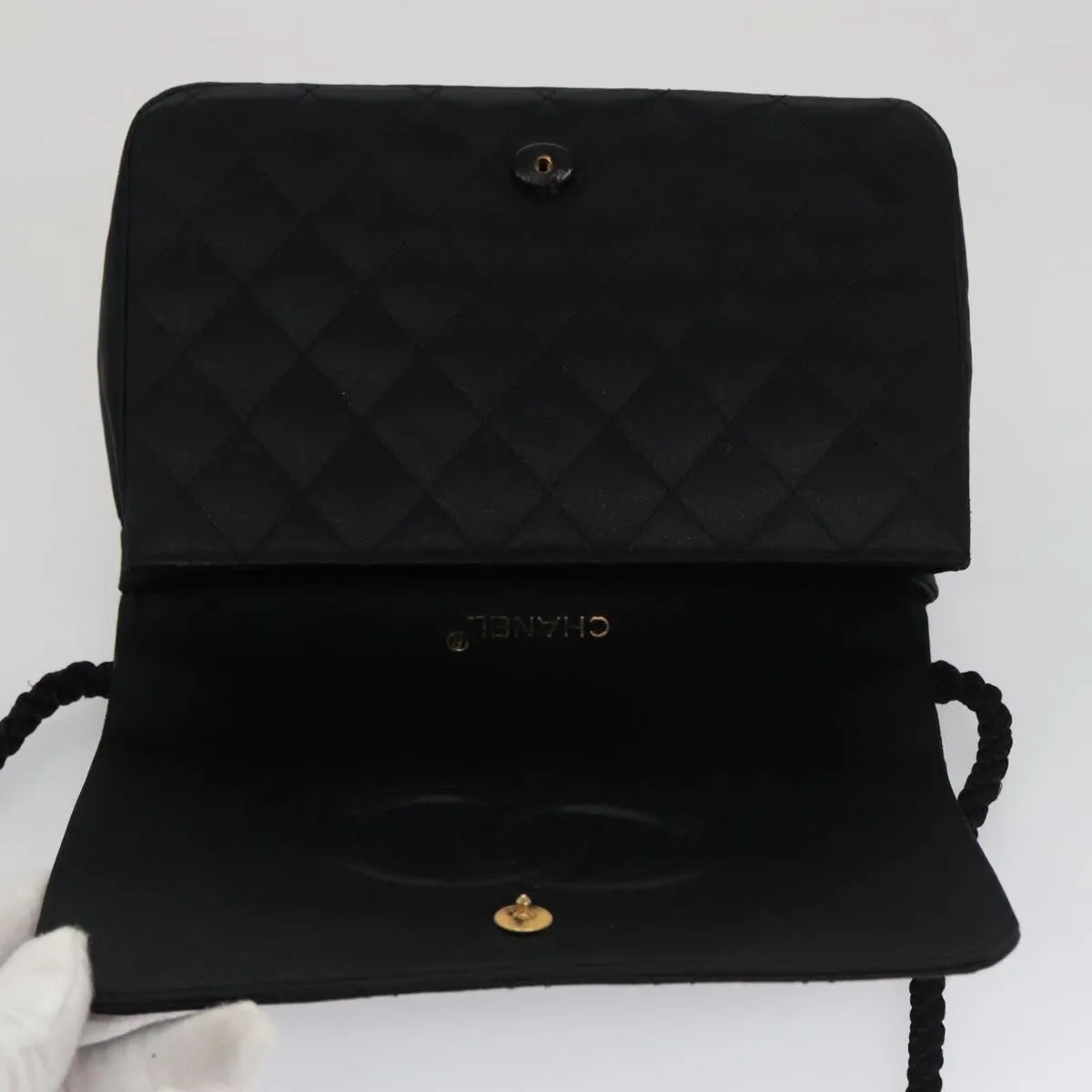 CHANEL Matelasse Sequin Flower Shoulder Bag Satin Black CC 99855