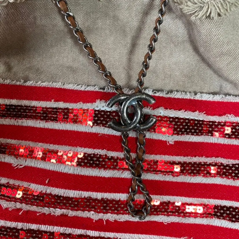 Chanel Sequin Bucket Shoulder Bag in Red and Beige Canvas