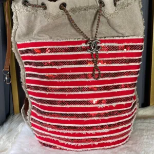 Chanel Sequin Bucket Shoulder Bag in Red and Beige Canvas