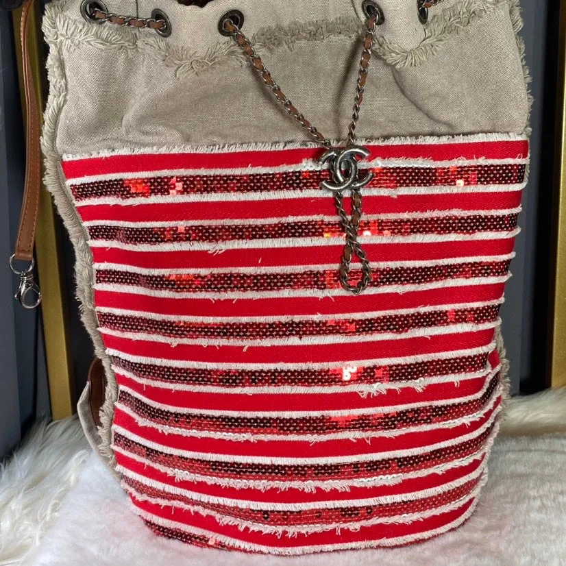 Chanel Sequin Bucket Shoulder Bag in Red and Beige Canvas