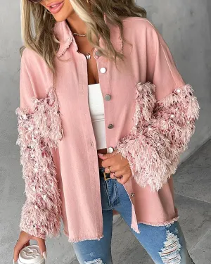 CHICME BEST SHOPPING DEALS Womens Jacket Sequin Patchwork Long Sleeve Jacket Top Button Front Oversized Denim Shacket