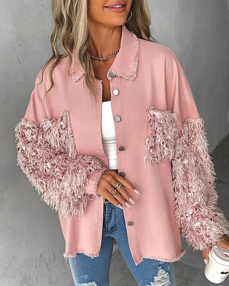 CHICME BEST SHOPPING DEALS Womens Jacket Sequin Patchwork Long Sleeve Jacket Top Button Front Oversized Denim Shacket