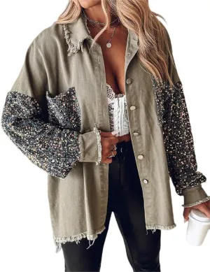 CHICME BEST SHOPPING DEALS Womens Jacket Sequin Patchwork Long Sleeve Jacket Top Button Front Oversized Denim Shacket