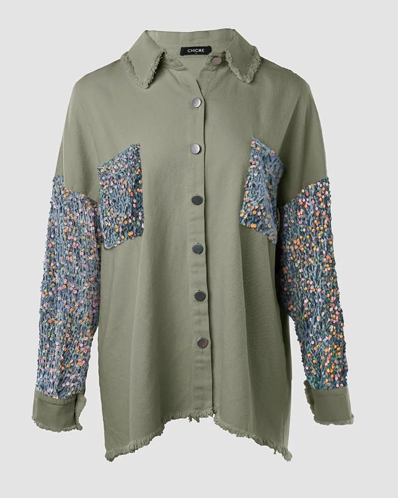 CHICME BEST SHOPPING DEALS Womens Jacket Sequin Patchwork Long Sleeve Jacket Top Button Front Oversized Denim Shacket