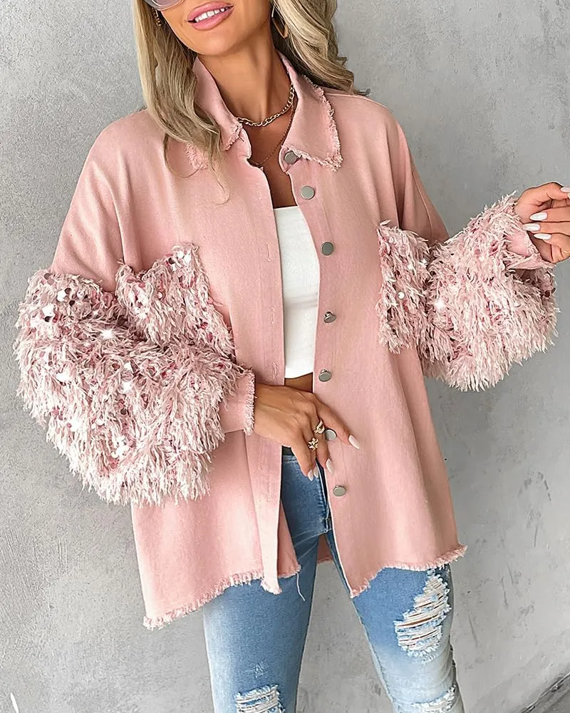 CHICME BEST SHOPPING DEALS Womens Jacket Sequin Patchwork Long Sleeve Jacket Top Button Front Oversized Denim Shacket