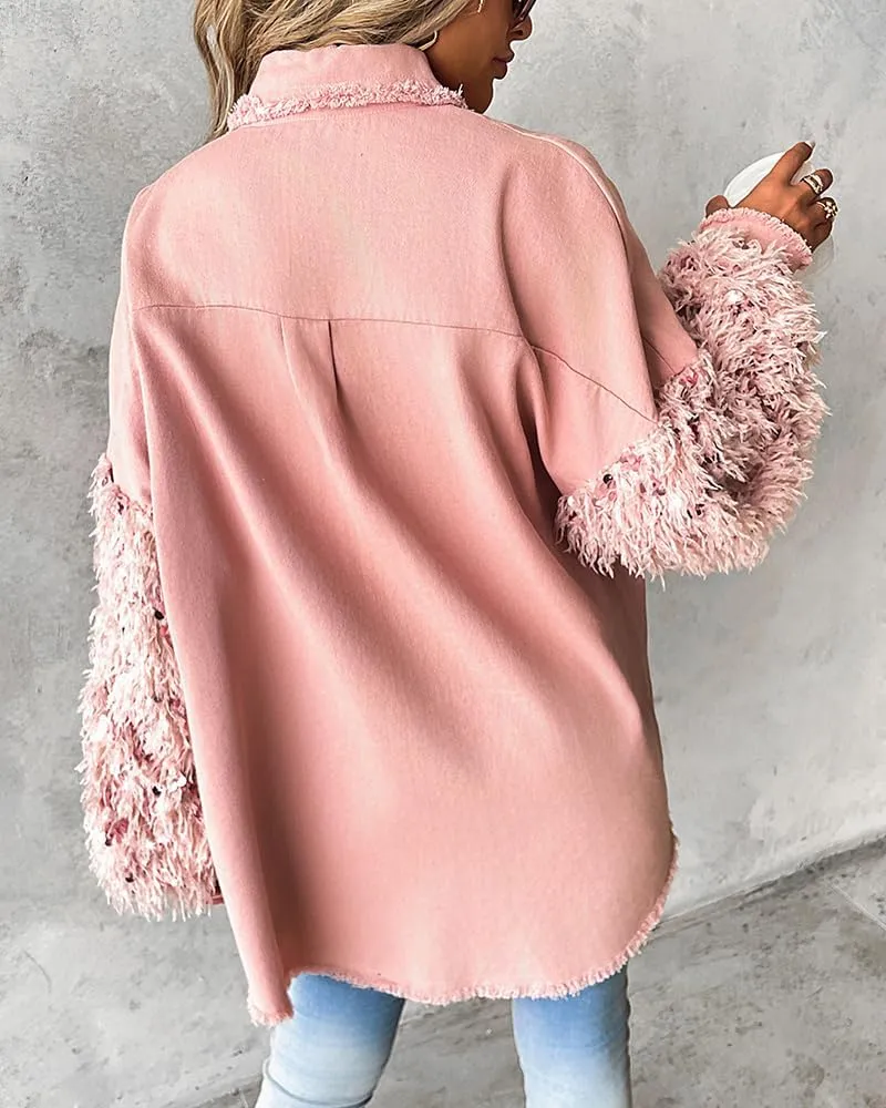 CHICME BEST SHOPPING DEALS Womens Jacket Sequin Patchwork Long Sleeve Jacket Top Button Front Oversized Denim Shacket