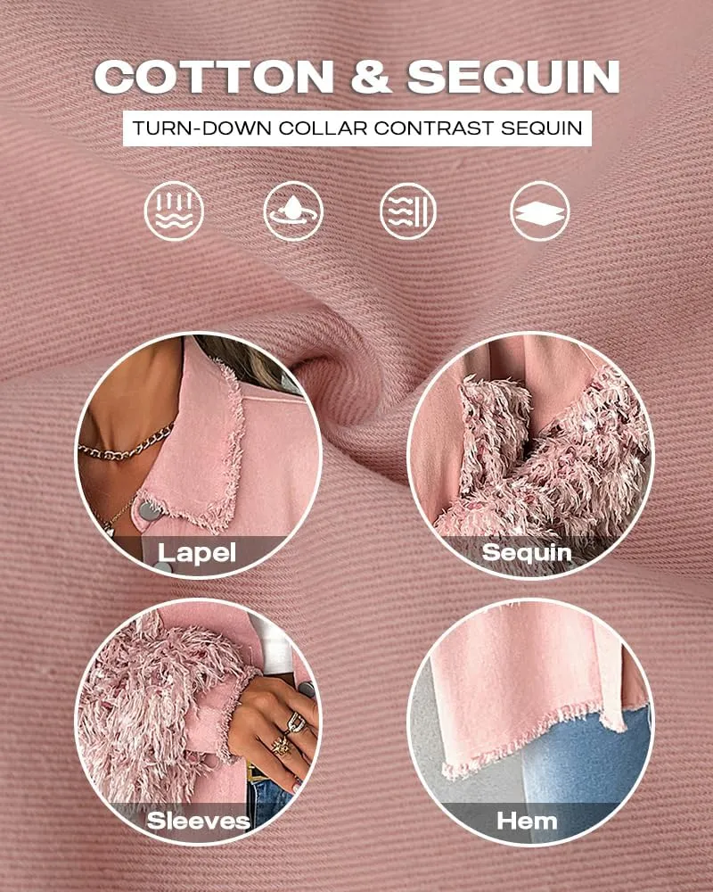 CHICME BEST SHOPPING DEALS Womens Jacket Sequin Patchwork Long Sleeve Jacket Top Button Front Oversized Denim Shacket