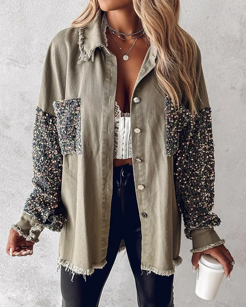 CHICME BEST SHOPPING DEALS Womens Jacket Sequin Patchwork Long Sleeve Jacket Top Button Front Oversized Denim Shacket