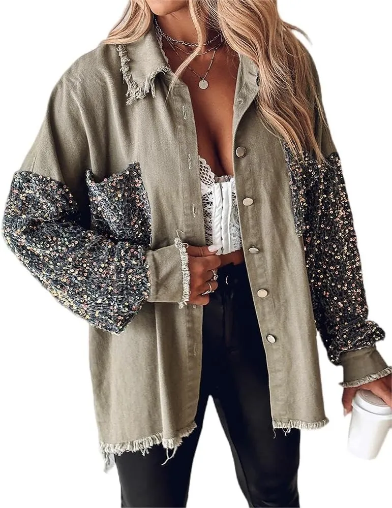 CHICME BEST SHOPPING DEALS Womens Jacket Sequin Patchwork Long Sleeve Jacket Top Button Front Oversized Denim Shacket