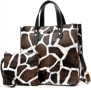 Chikencall Women 2Pcs Handbag and Purses Leopard Zebra Cows Deer Print Pattern Tote Leather Shoulder Satchel