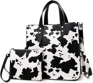 Chikencall Women 2Pcs Handbag and Purses Leopard Zebra Cows Deer Print Pattern Tote Leather Shoulder Satchel